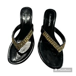 City Classified Black Wedge Heeled Sandals With Gold Rhinestone Bling Size: 8